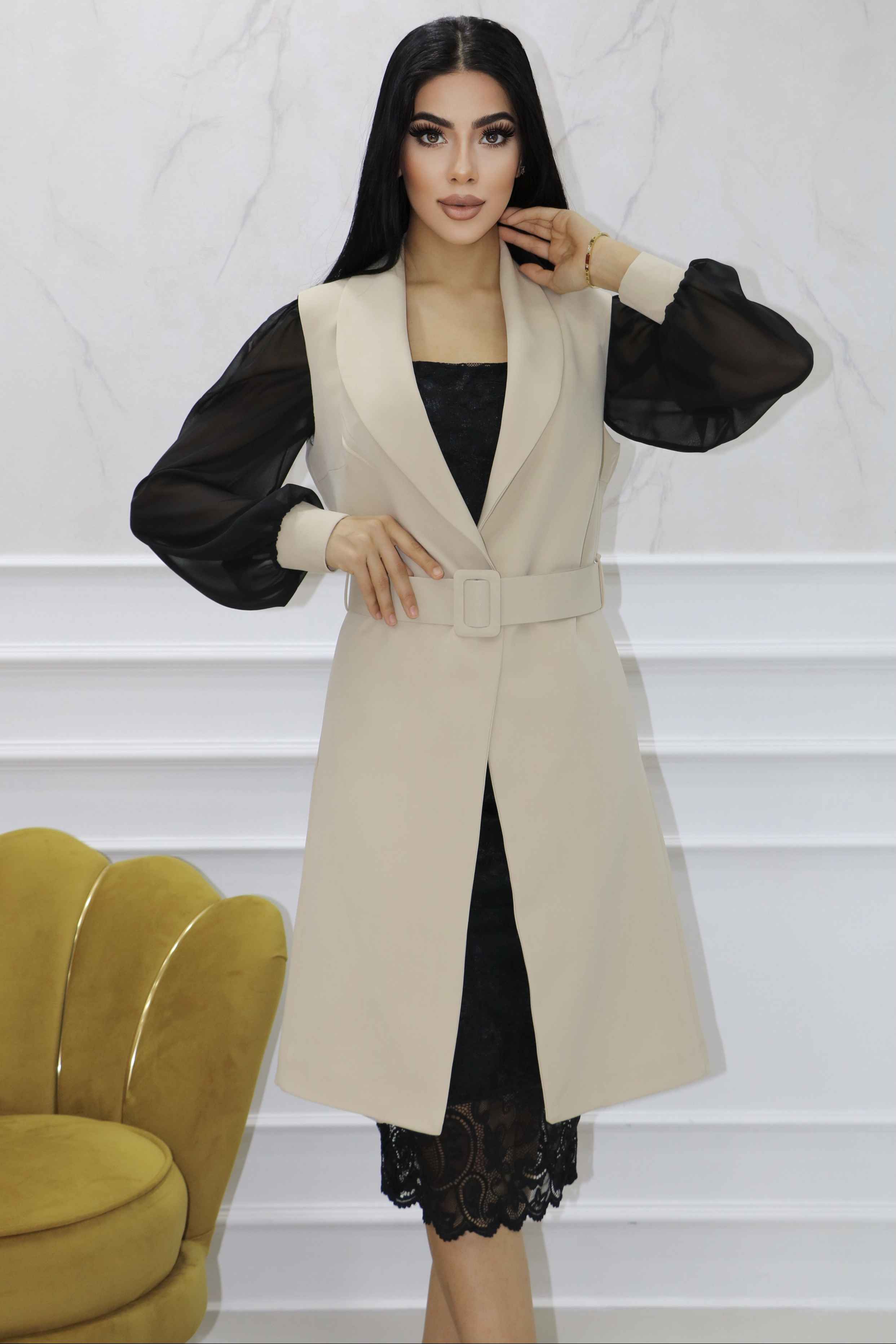 2130 - Dabıl Dantel Tasarım Kemerli Dekolteli Diz Altı Ceket Elbise